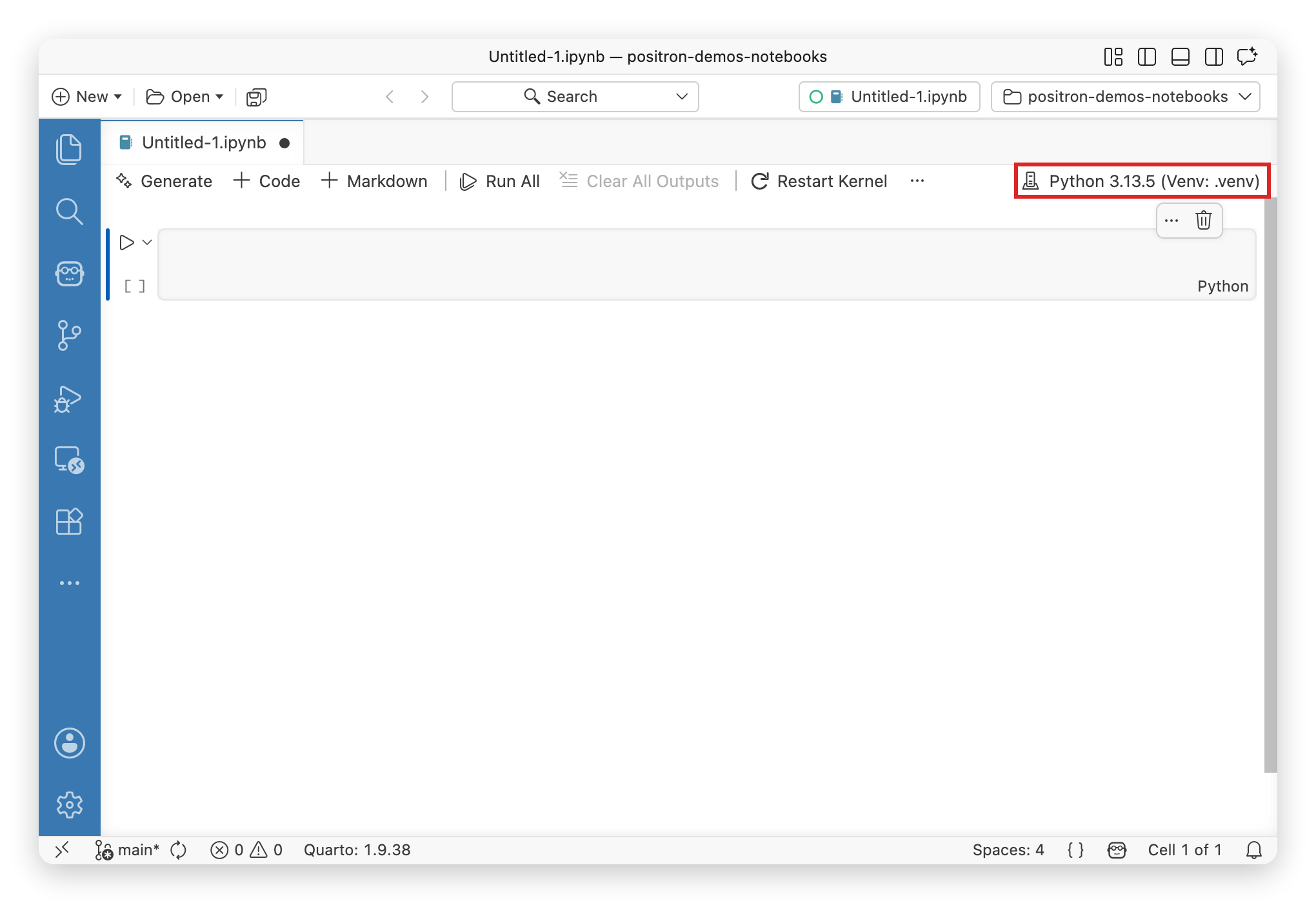 Notebook Editor action bar with the kernel selector button highlighted, displaying a Python virtual environment as the current kernel.